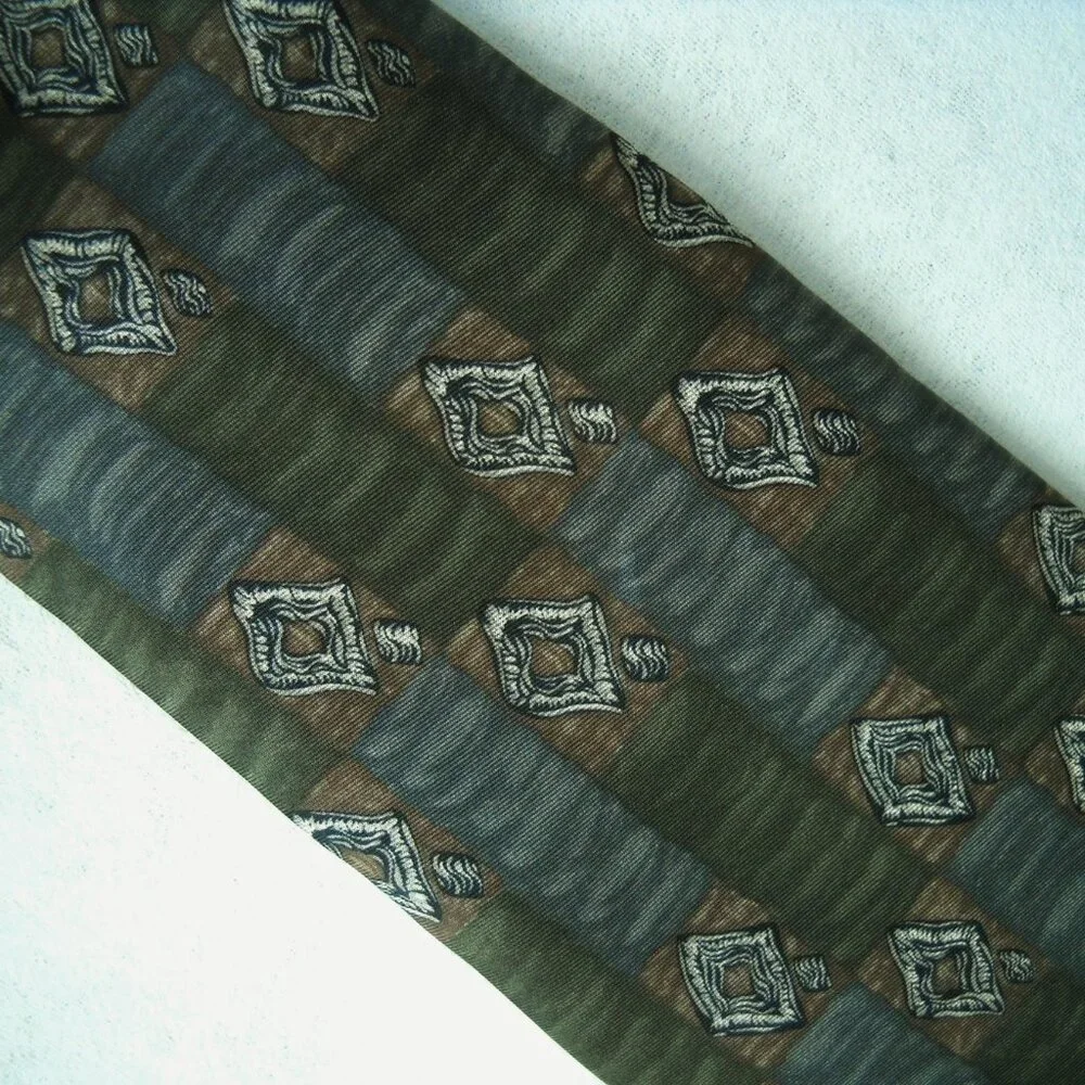 Henry Grethel Olive Green Neck Tie 100% Italian Silk Gray Brown Geometric Stripe